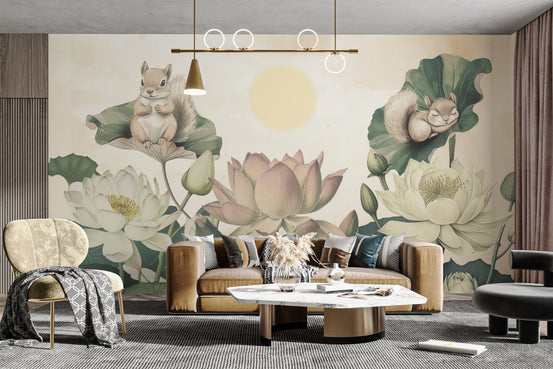 Playful Squirrels Lotus Floral Wallpaper
 D108