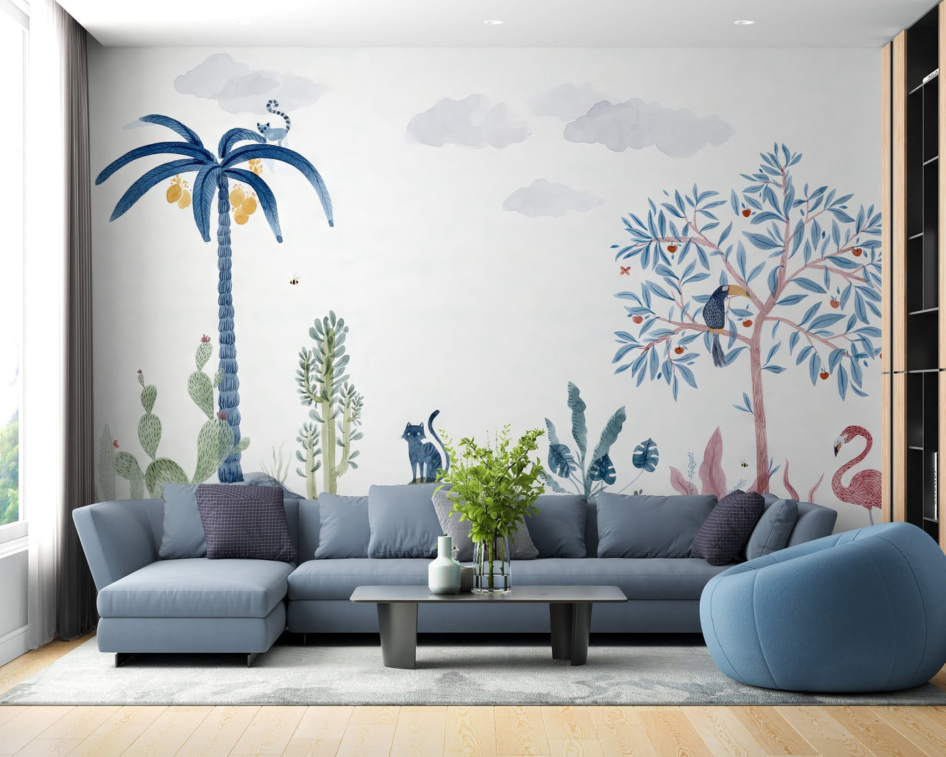 Playful wildlife wallpaper with tropical flora and fauna.