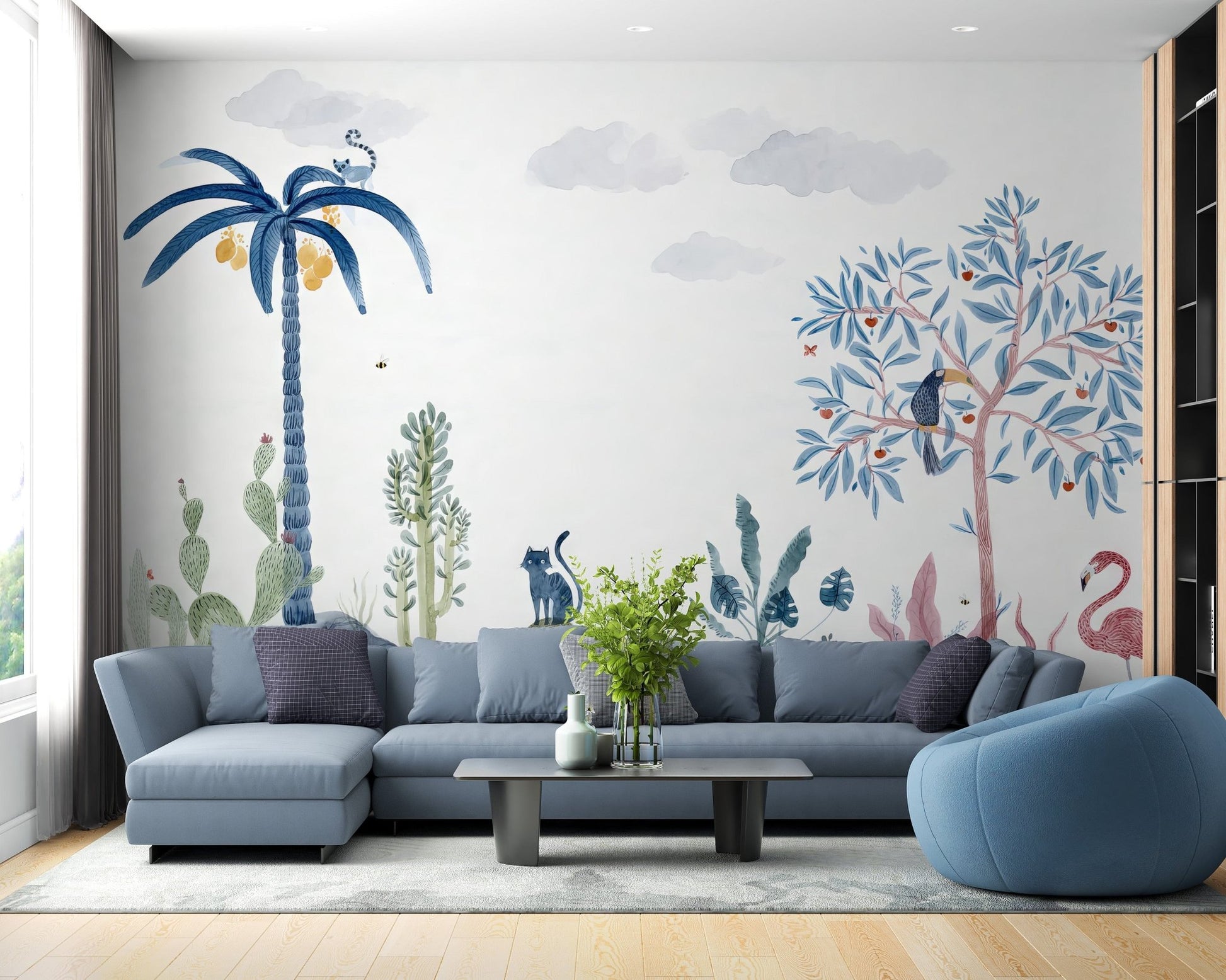 Playful wildlife wallpaper with tropical flora and fauna.