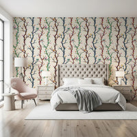 Slender green and navy branches climbing across the Woodland Birds wallpaper. GD9466