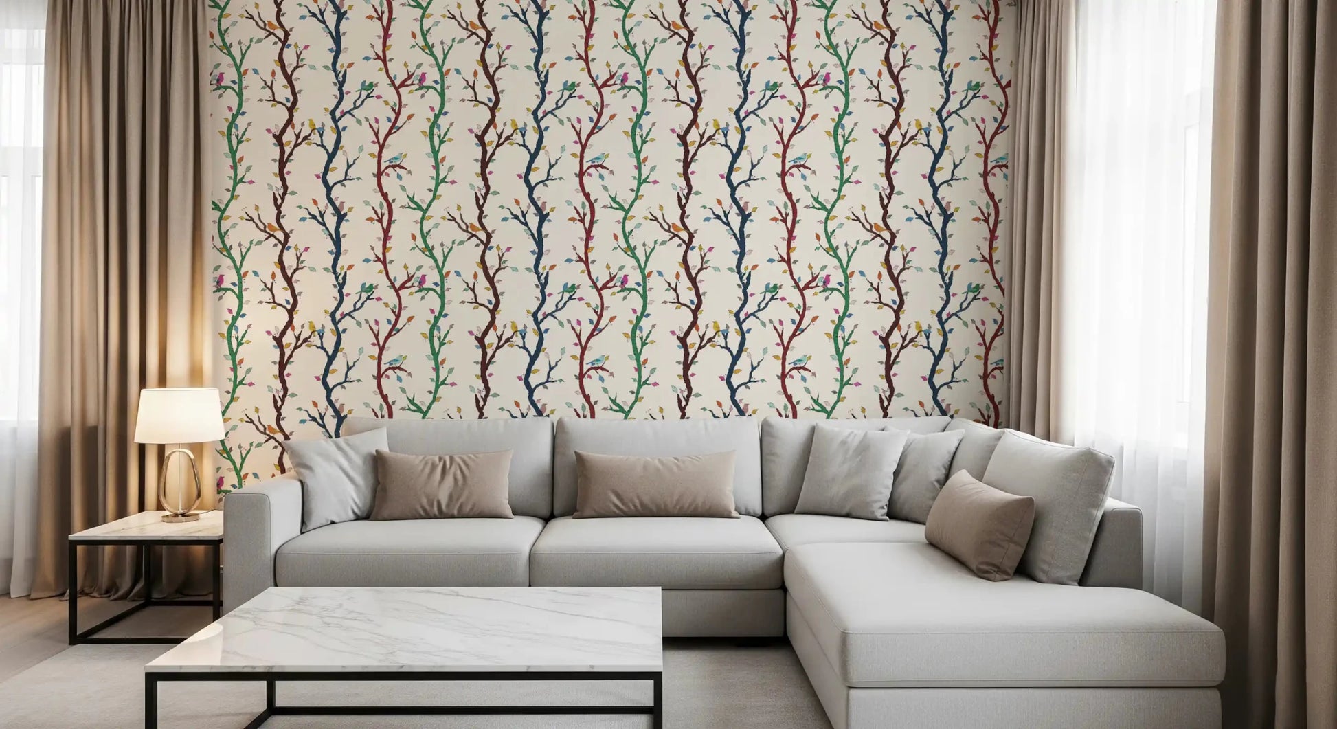 Quiet lounge moods come easy with Woodland Branches wallpaper running edge to edge. ⁠GD9466
