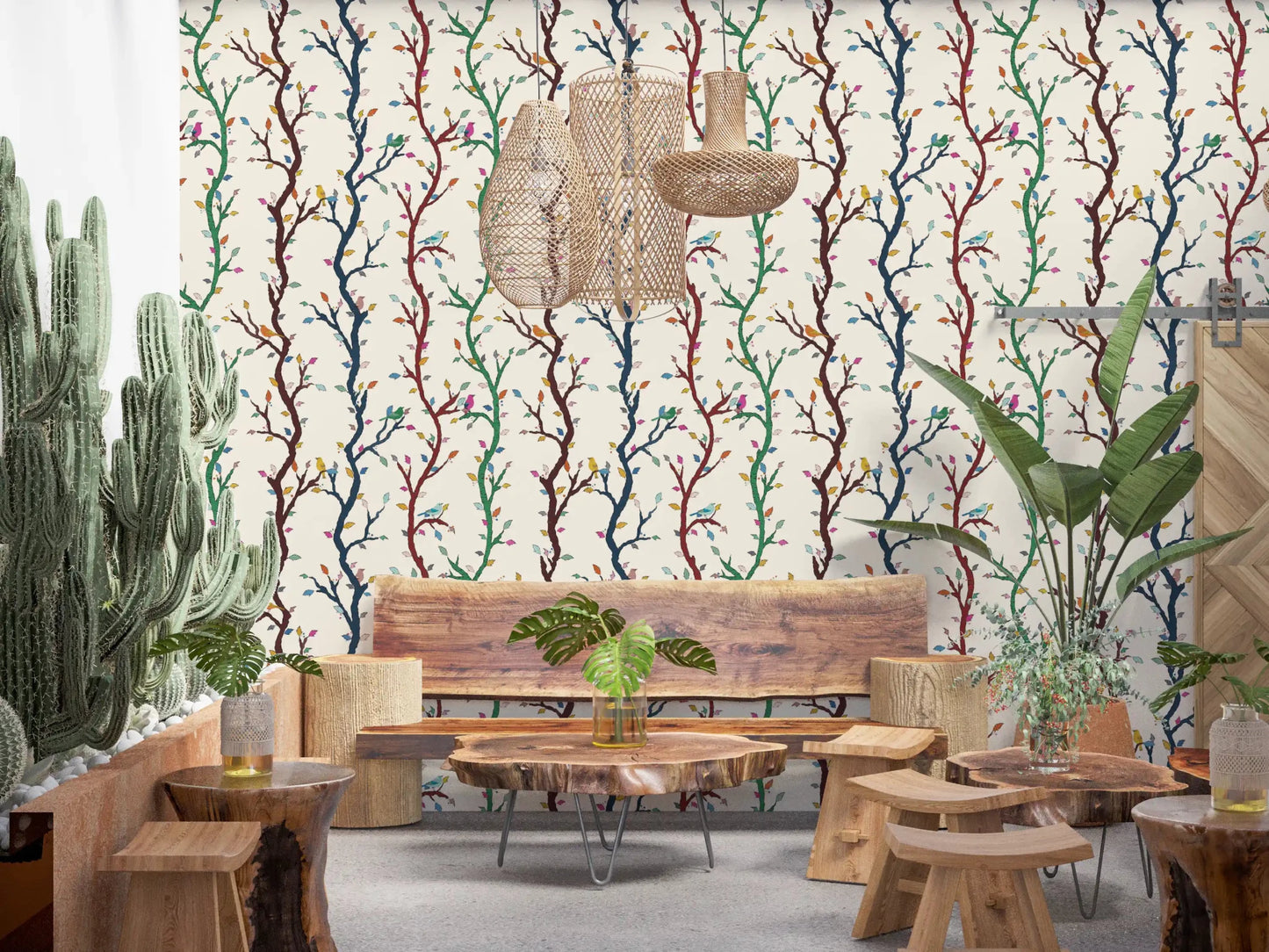 Cream backdrop scattered with leaves and birds in Birds and Branches wallpaper. GD9466