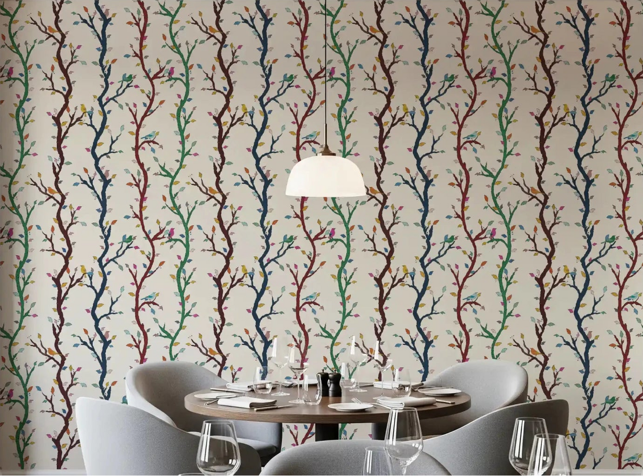 Dining room glows with the warmth of Woodland Birds wallpaper across one wall.GD9466