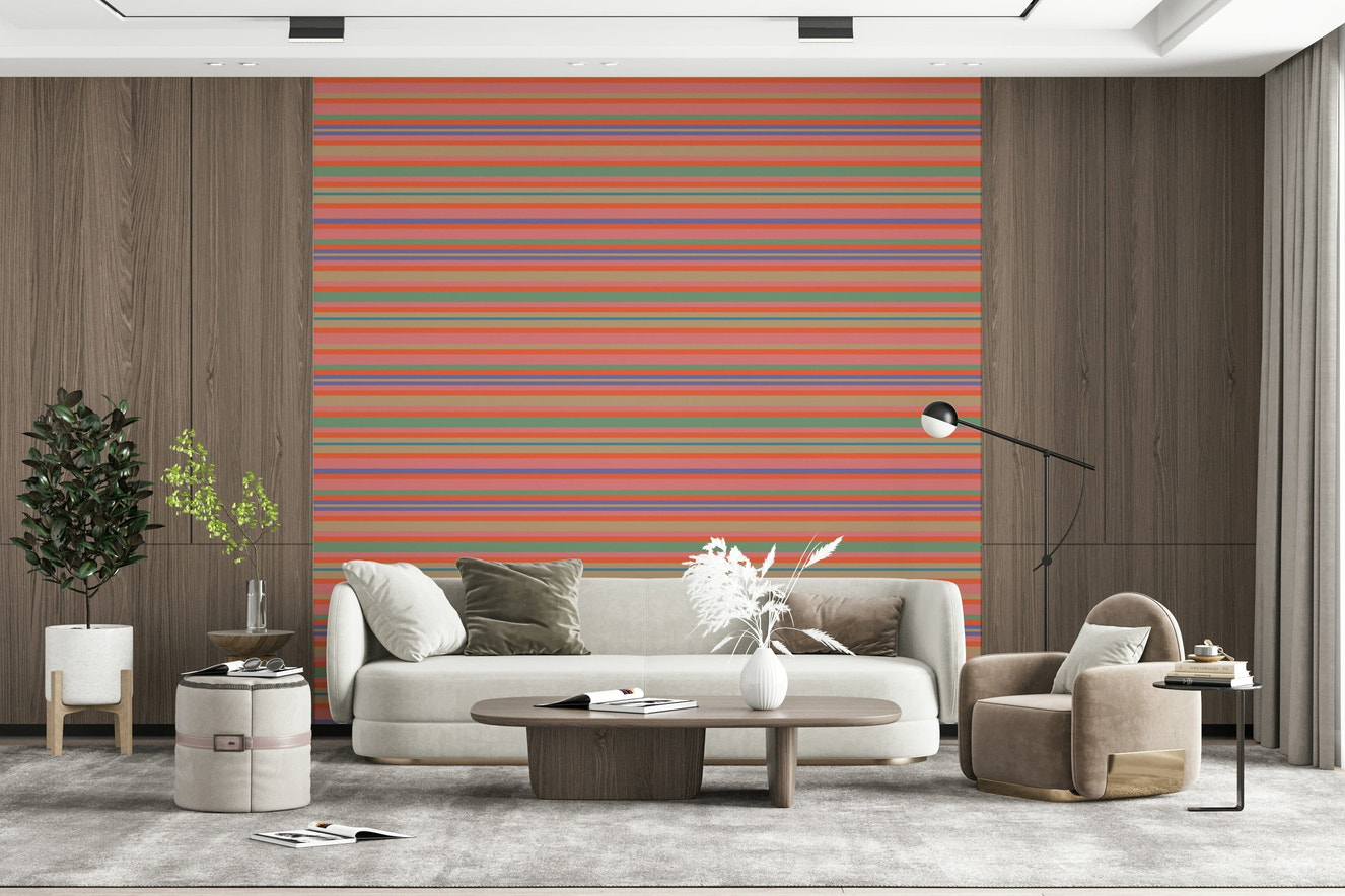 Playtime Stripes Coral Orange Pink Mint wallpaper retro pattern wall covering.