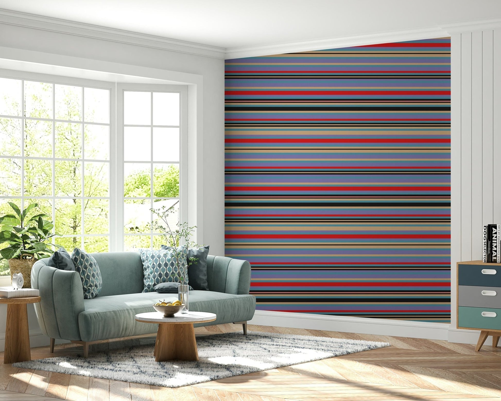 Neutral leaf wallpaper with colorful horizontal stripes.