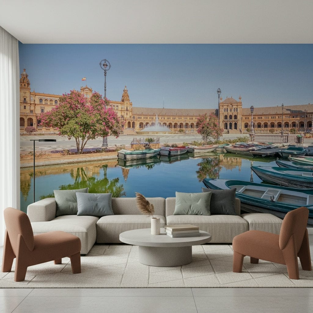 This contemporary lounge feels lighter with Plaza de España Charm Wall Mural and canal reflections