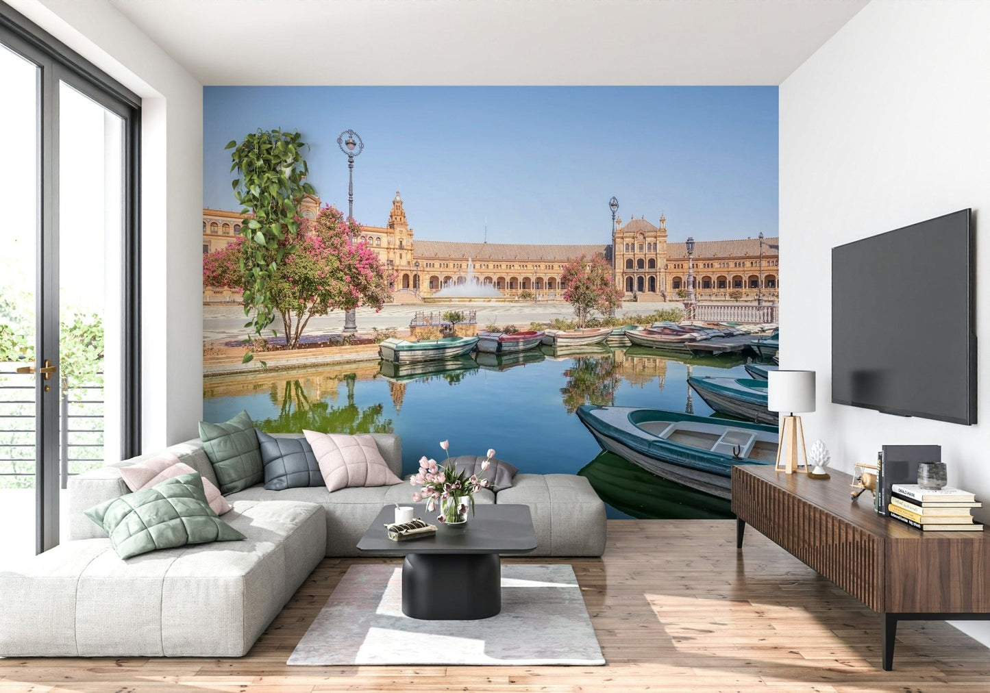 Plaza de España Charm Wall Mural adds sunlit architectural depth to this modern sitting area