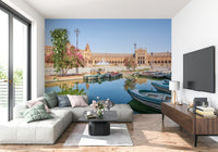 Plaza de España Charm Wall Mural adds sunlit architectural depth to this modern sitting area