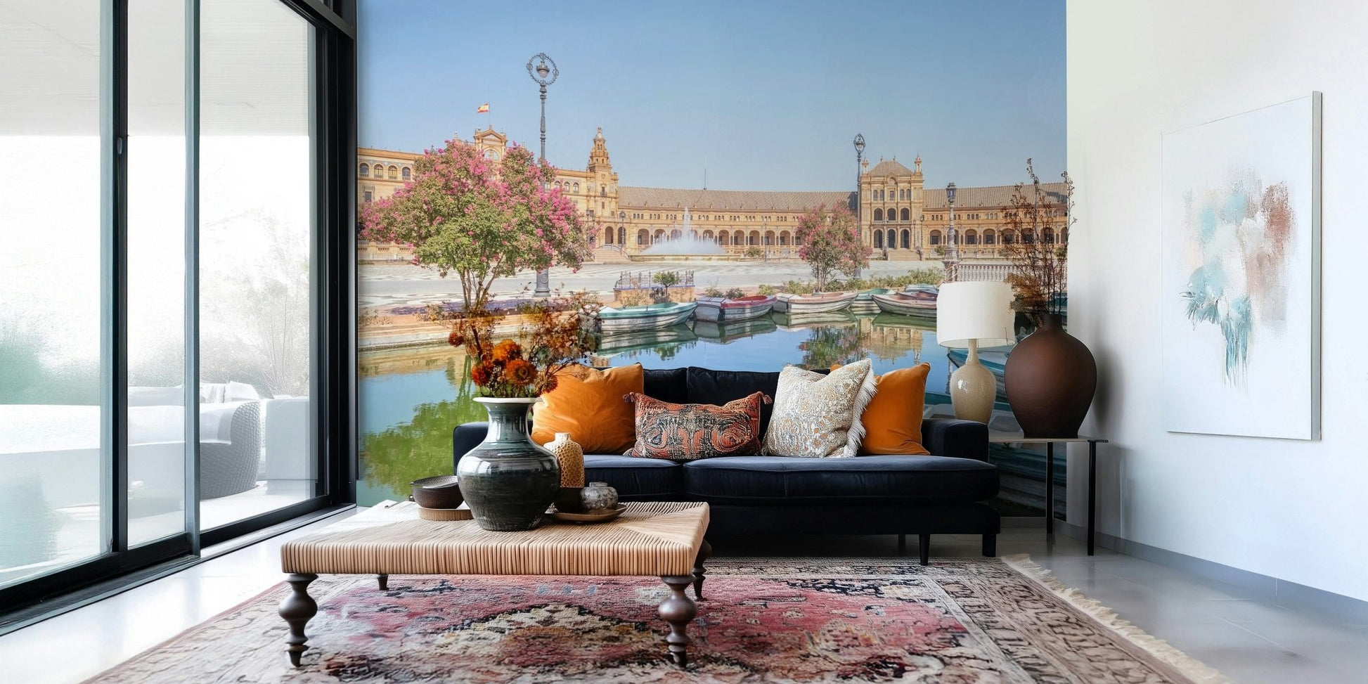 Plaza de España Charm Wall Mural adds calm courtyard scenery to this relaxed seating space