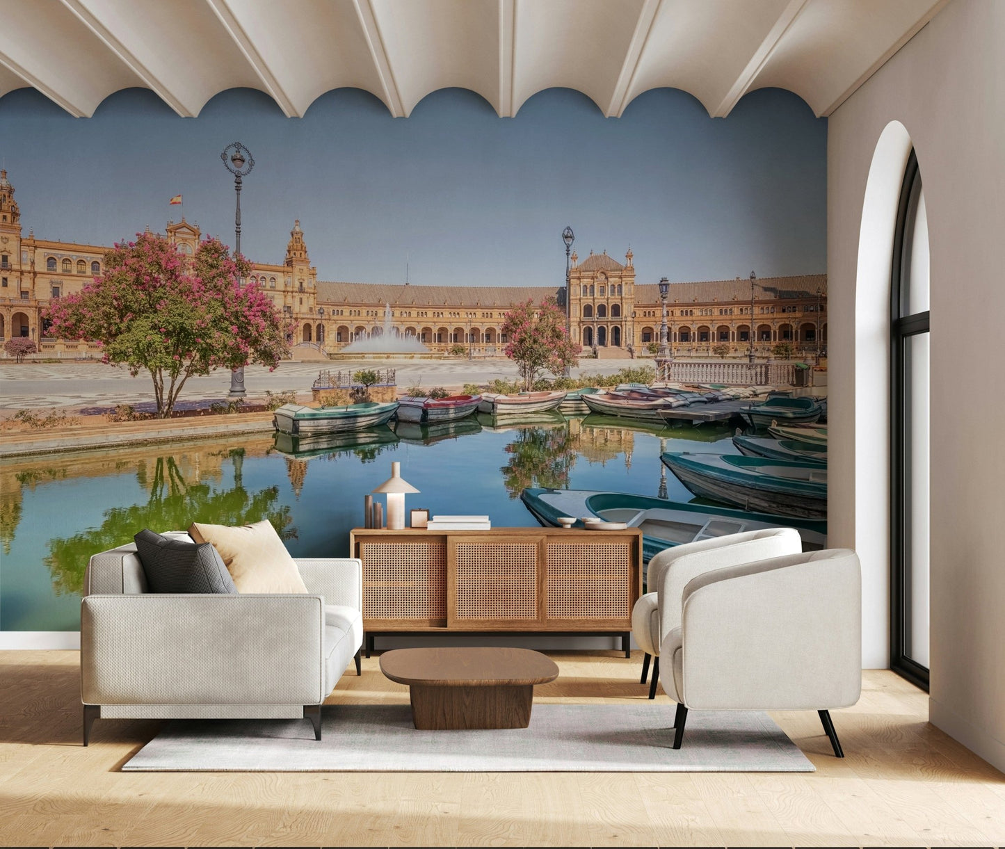 Beneath the arched ceiling, Plaza de España Charm Wall Mural creates a polished focal point