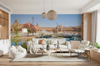 A bright open lounge feels richer with Plaza de España Charm Wall Mural across the wall
