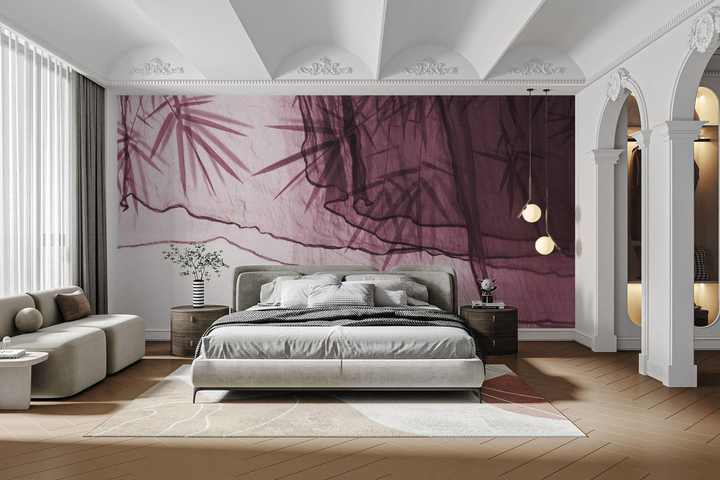 Rich plum botanical leaf wallpaper
