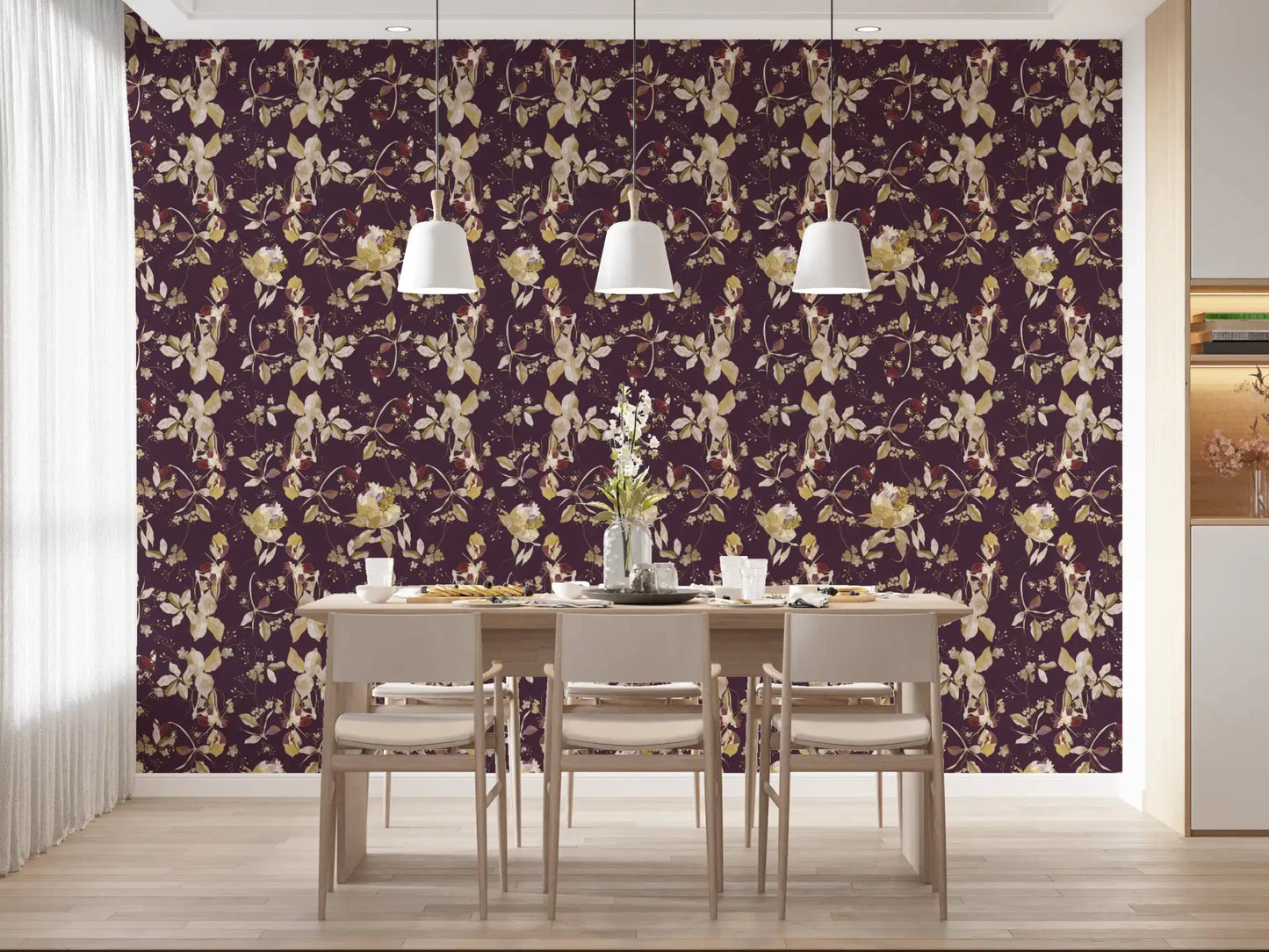 Serene dining room styled in Plum Botanical Blossom Wallpaper with vine detail