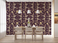 Serene dining room styled in Plum Botanical Blossom Wallpaper with vine detail