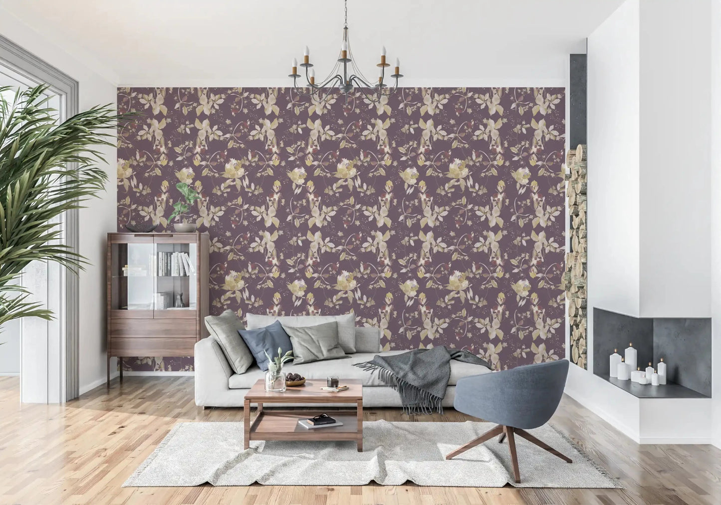 Delicate vines shape Plum Botanical Blossom Wallpaper beautifully