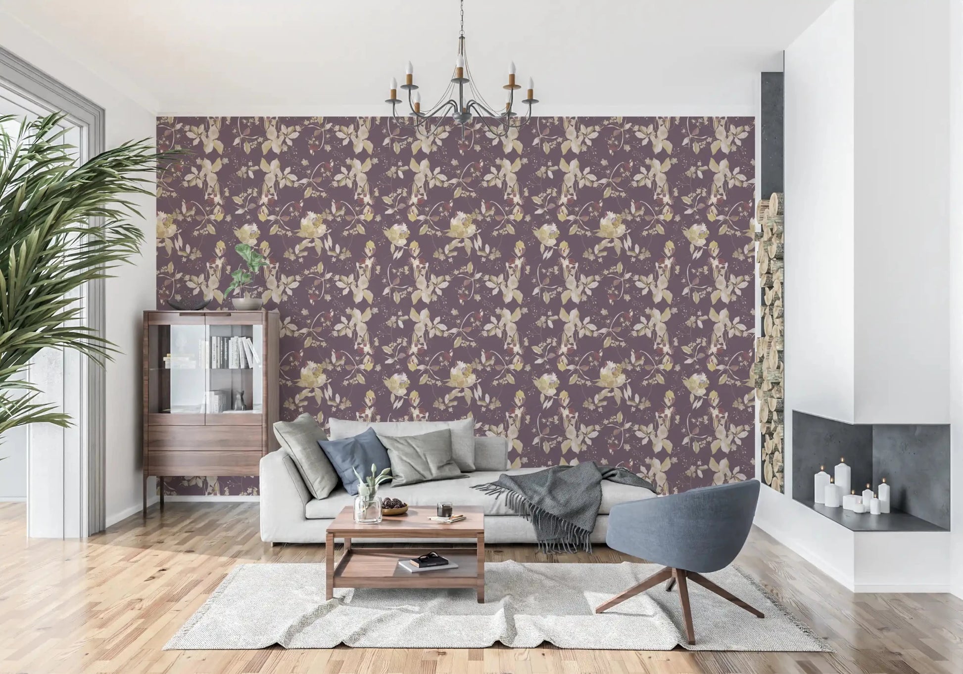 Delicate vines shape Plum Botanical Blossom Wallpaper beautifully