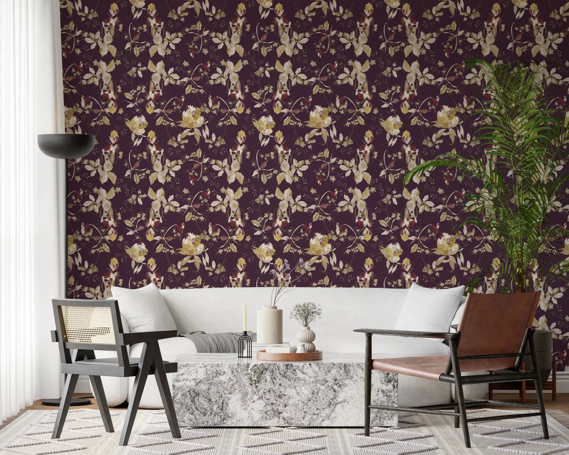 Bright hallway featuring Plum Botanical Blossom Wallpaper on plum ground
