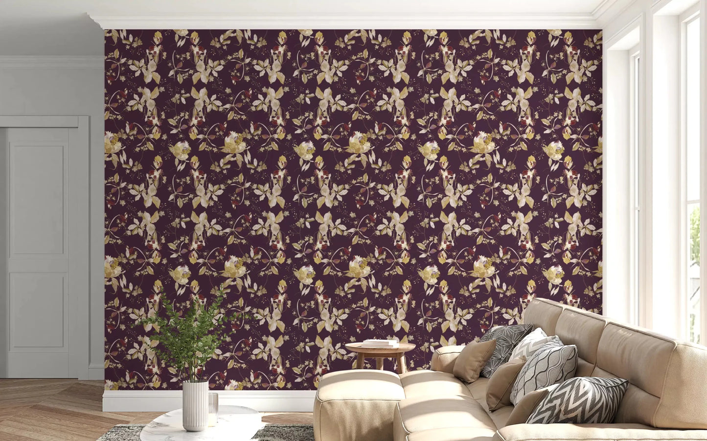 Botanical movement gives Plum Botanical Blossom Wallpaper graceful flow