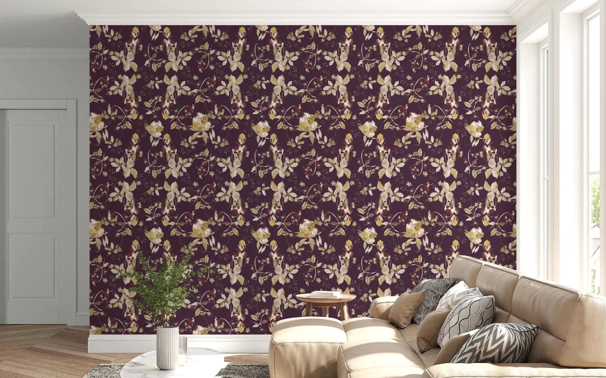 Botanical movement gives Plum Botanical Blossom Wallpaper graceful flow