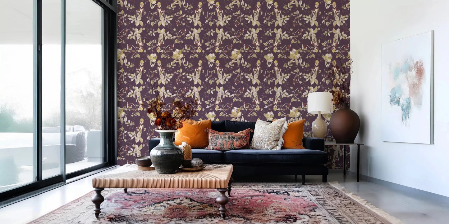 Cream petals define Plum Botanical Blossom Wallpaper with soft contrast