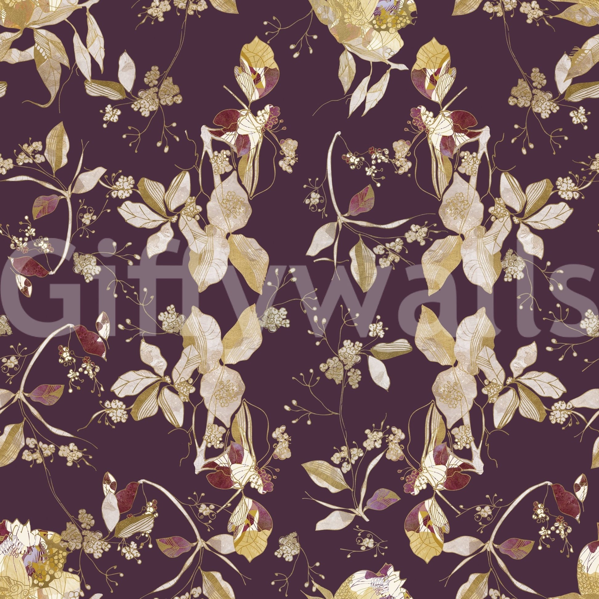 Fine trailing stems run through Plum Botanical Blossom Wallpaper evenly