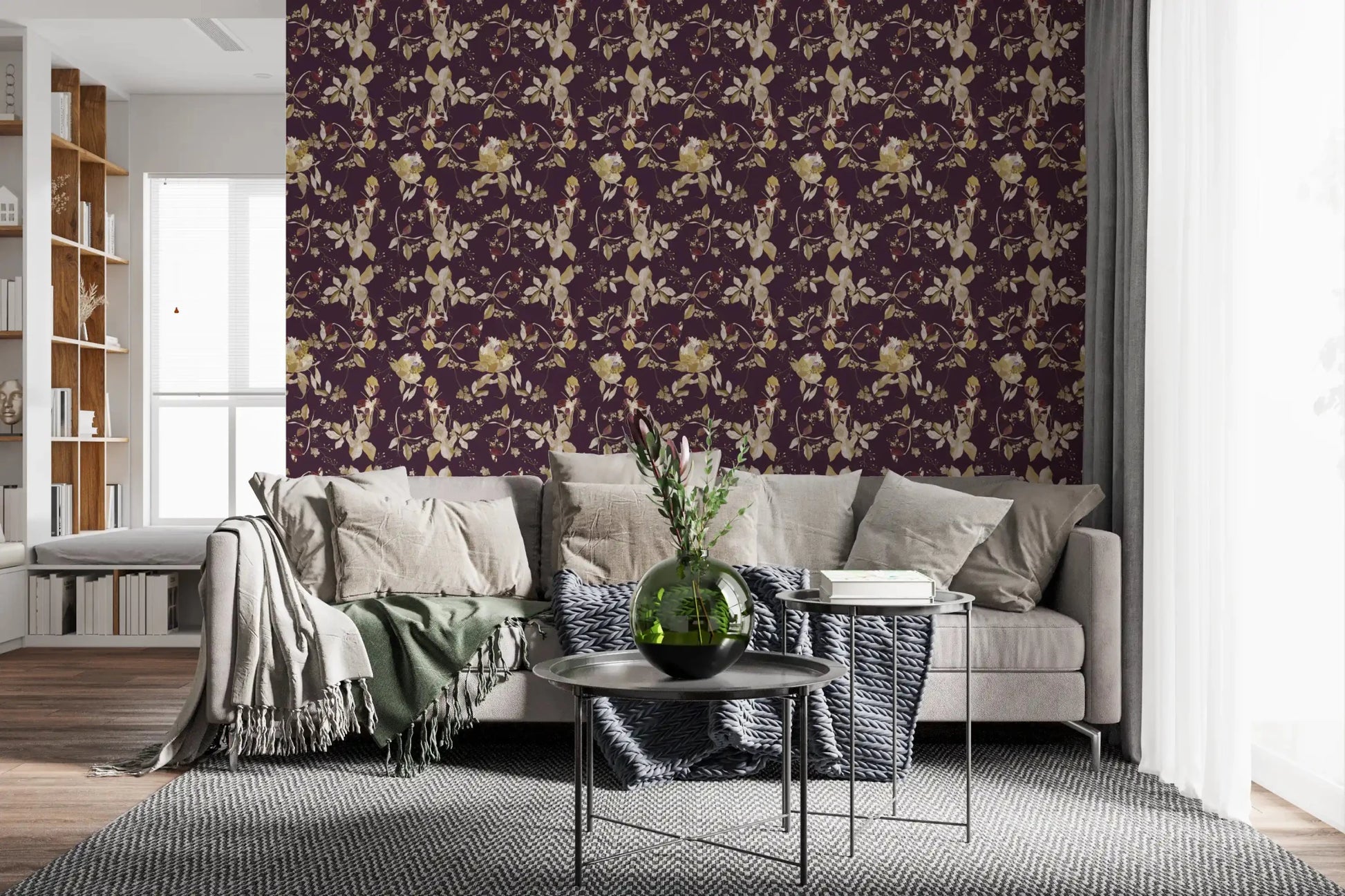 Vintage-style detailing marks Plum Botanical Blossom Wallpaper clearly