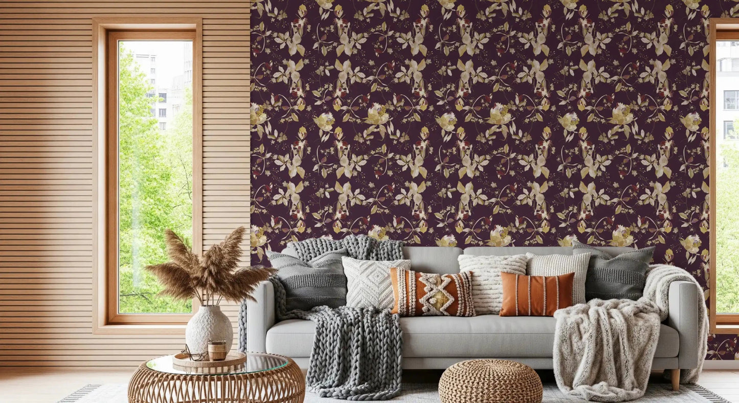 Soft floral accents lift Plum Botanical Blossom Wallpaper with charm