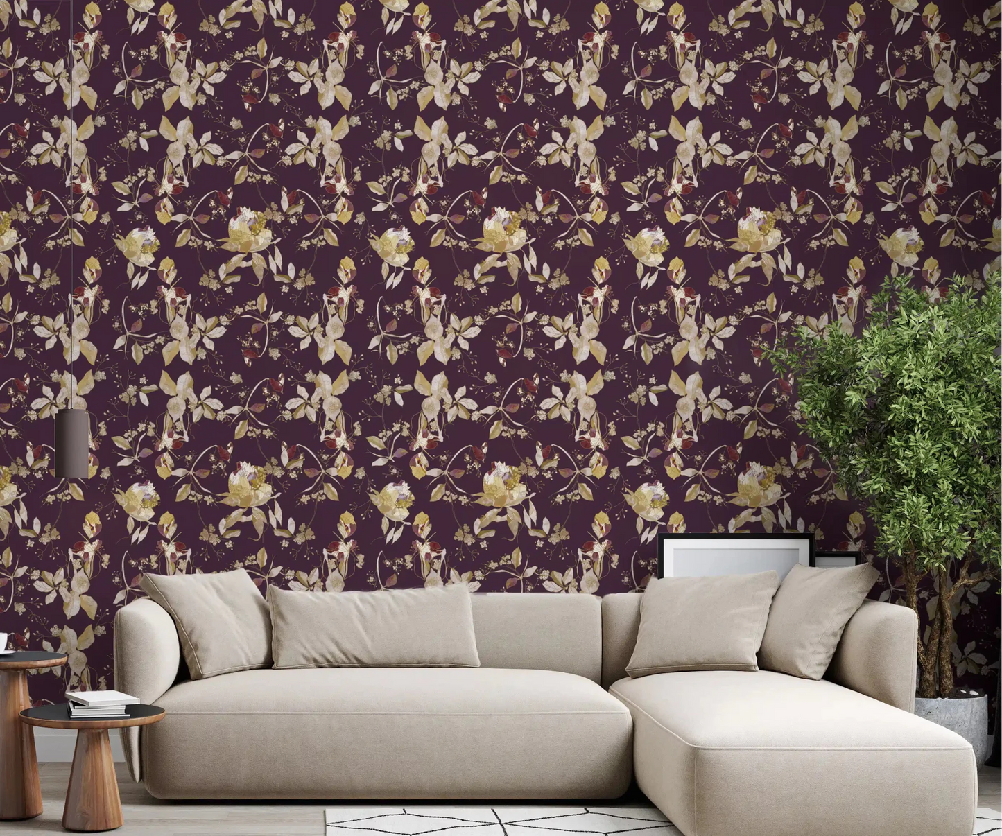 Elegant living room with Plum Botanical Blossom Wallpaper and cream blooms