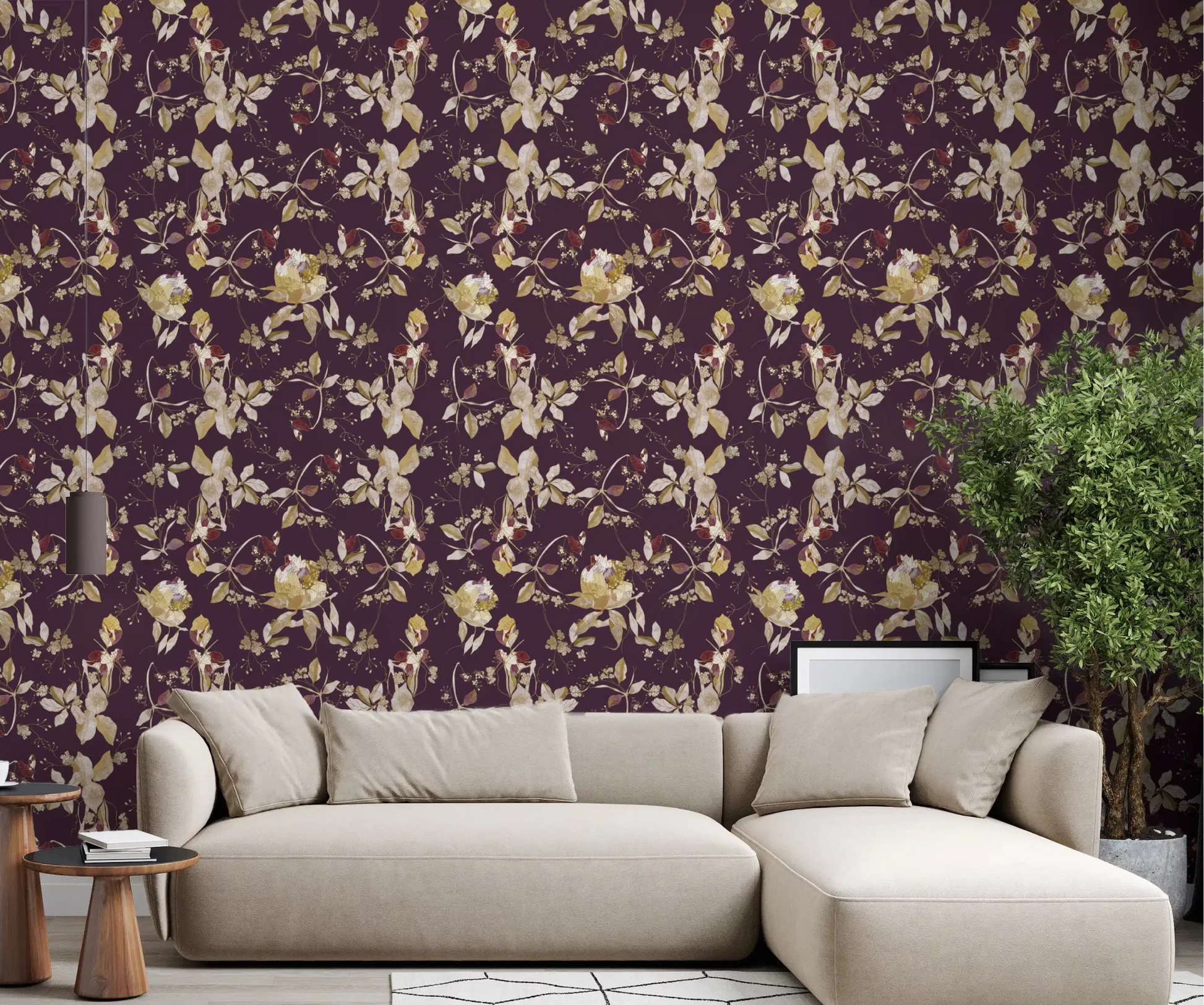 Elegant living room with Plum Botanical Blossom Wallpaper and cream blooms