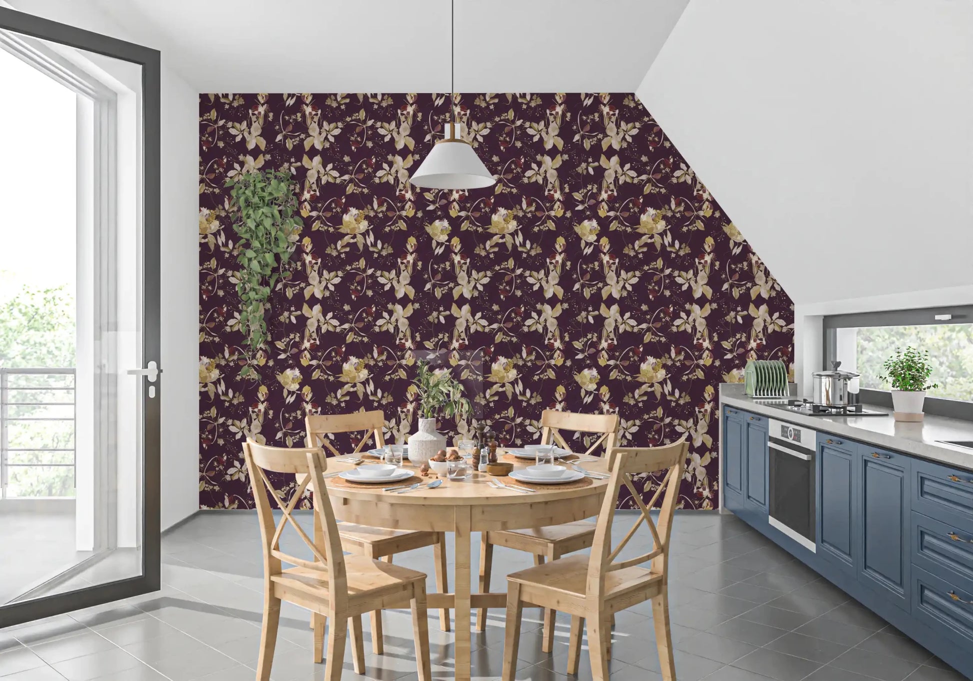 Kitchen wall with Plum Botanical Blossom Wallpaper and floral stems