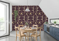 Kitchen wall with Plum Botanical Blossom Wallpaper and floral stems