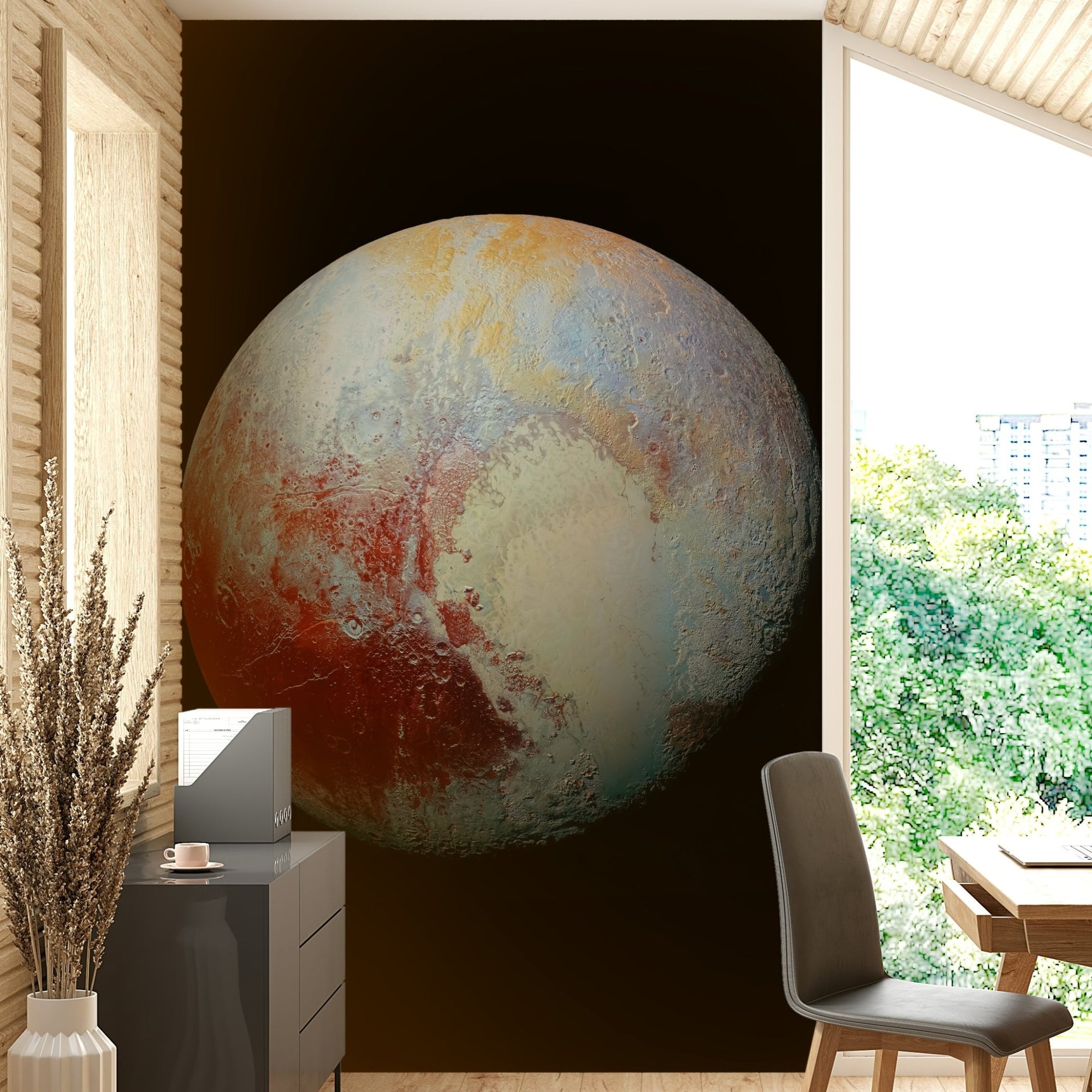 The surface of the planet has a mix of icy plains, mountains, and craters. GD3732
