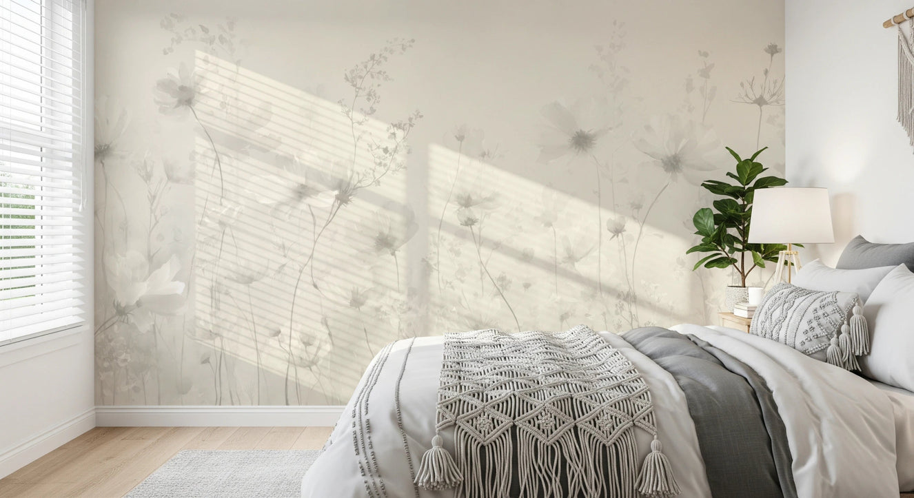 Faded linen blooms in Poetic Soft Floral Linen wall mural for a bedroom