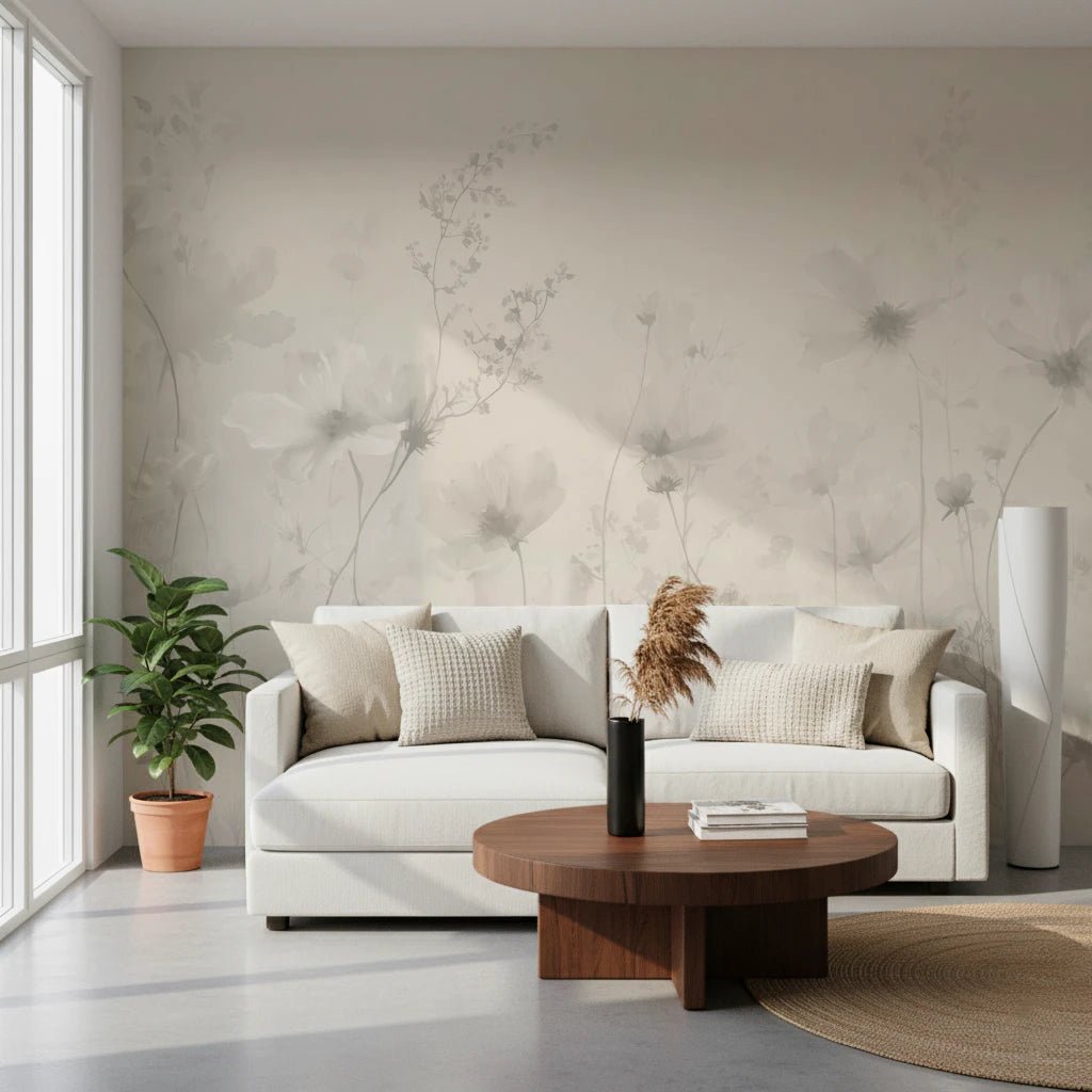 Soft floral silhouettes in Poetic Soft Floral Linen wall mural for a living room, GD8132