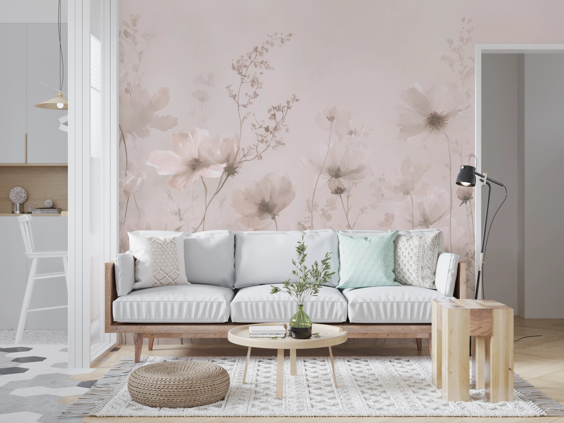 Faded petal-dust floral tones in Poetic Soft Floral – Petal Dust wall mural