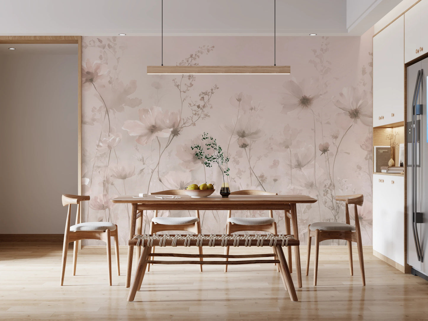 Airy botanical layers in Poetic Soft Floral – Petal Dust wall mural for a dining room