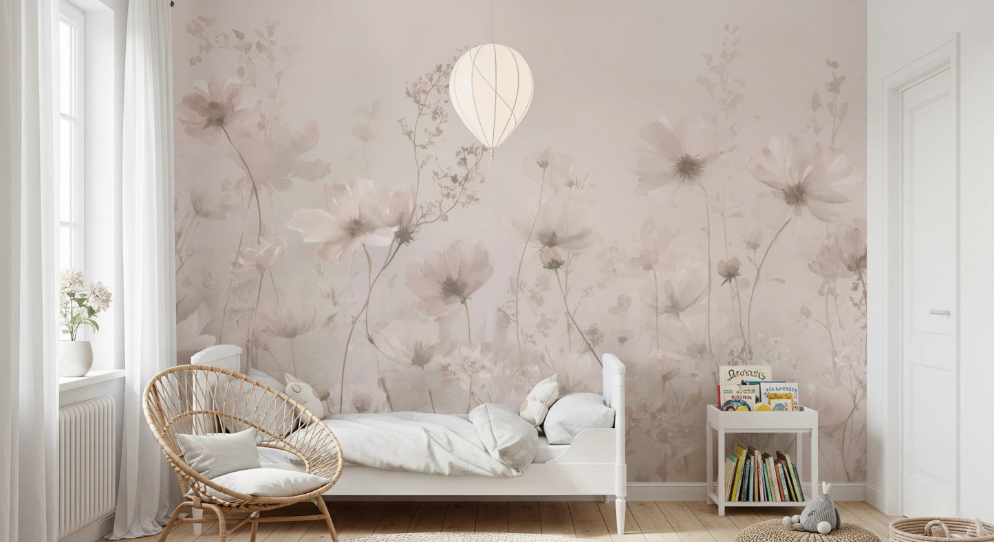 Blush blossom stems in Poetic Soft Floral – Petal Dust wall mural for a bedroom