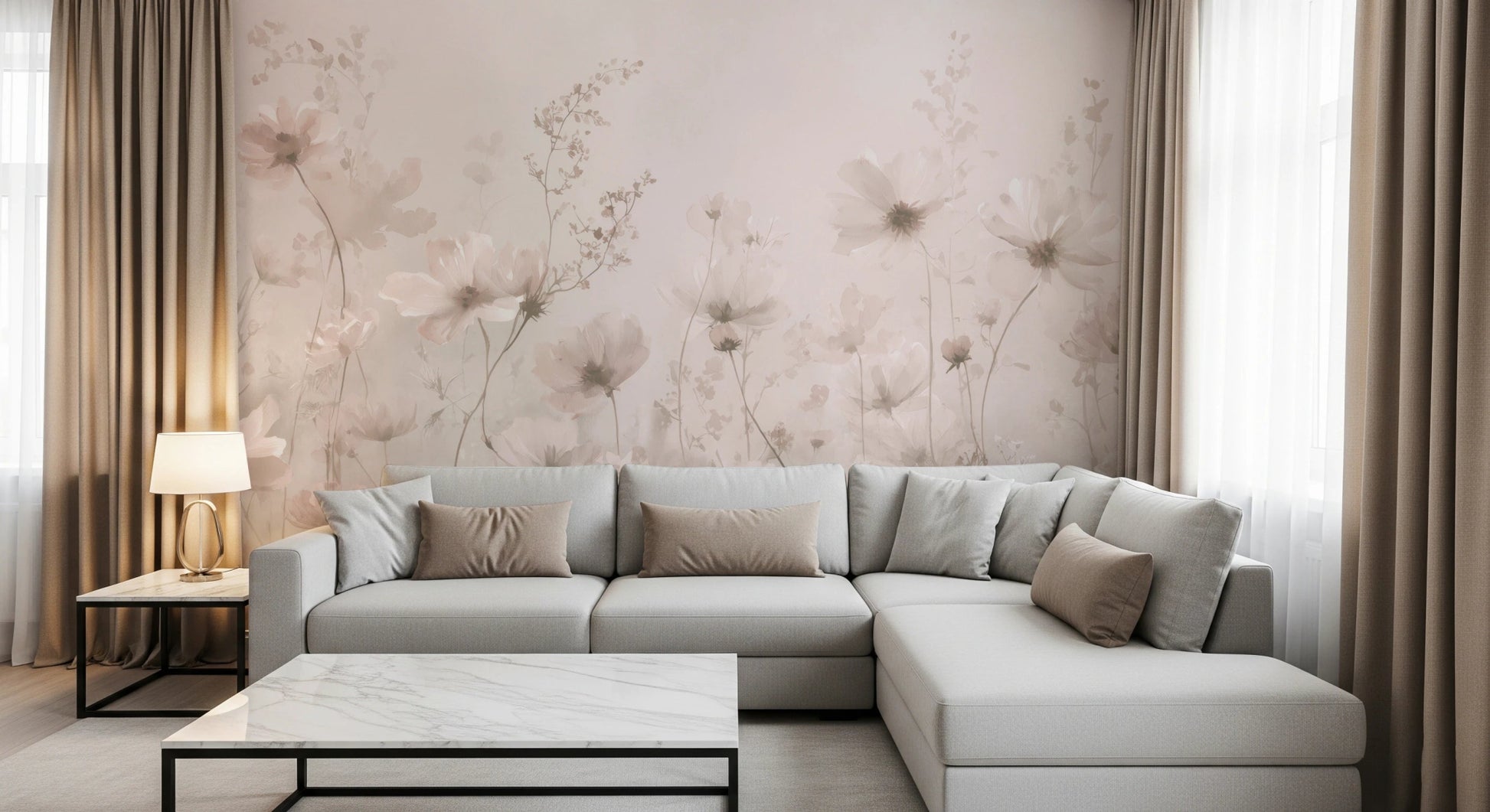 Soft floral haze in Poetic Soft Floral – Petal Dust wall mural for a living room