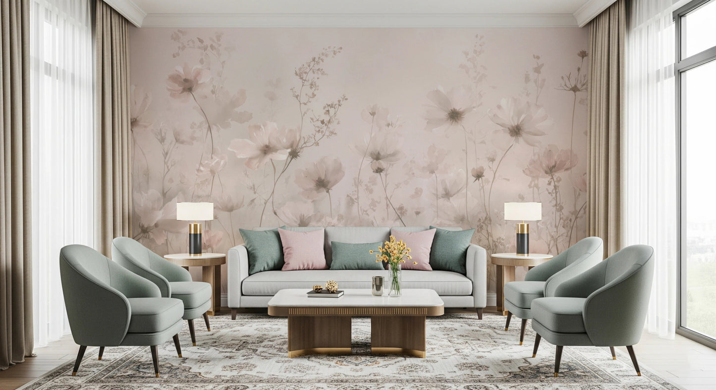 Gentle botanical stems in Poetic Soft Floral – Petal Dust wall mural