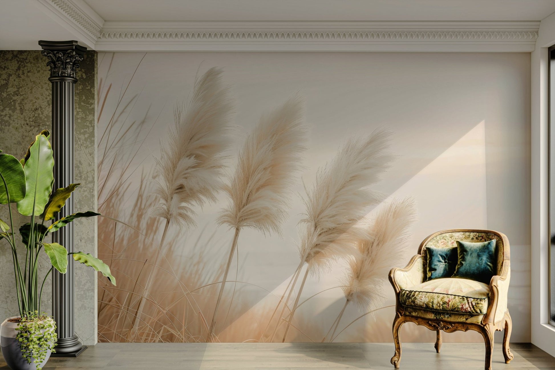 Calming sea view with pampas grass in sunset light