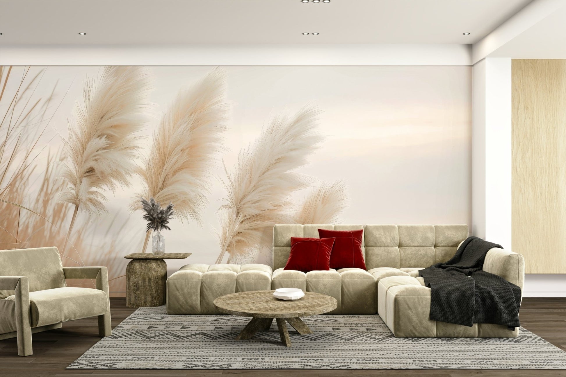Golden sunset over pampas grass near the sea mural
