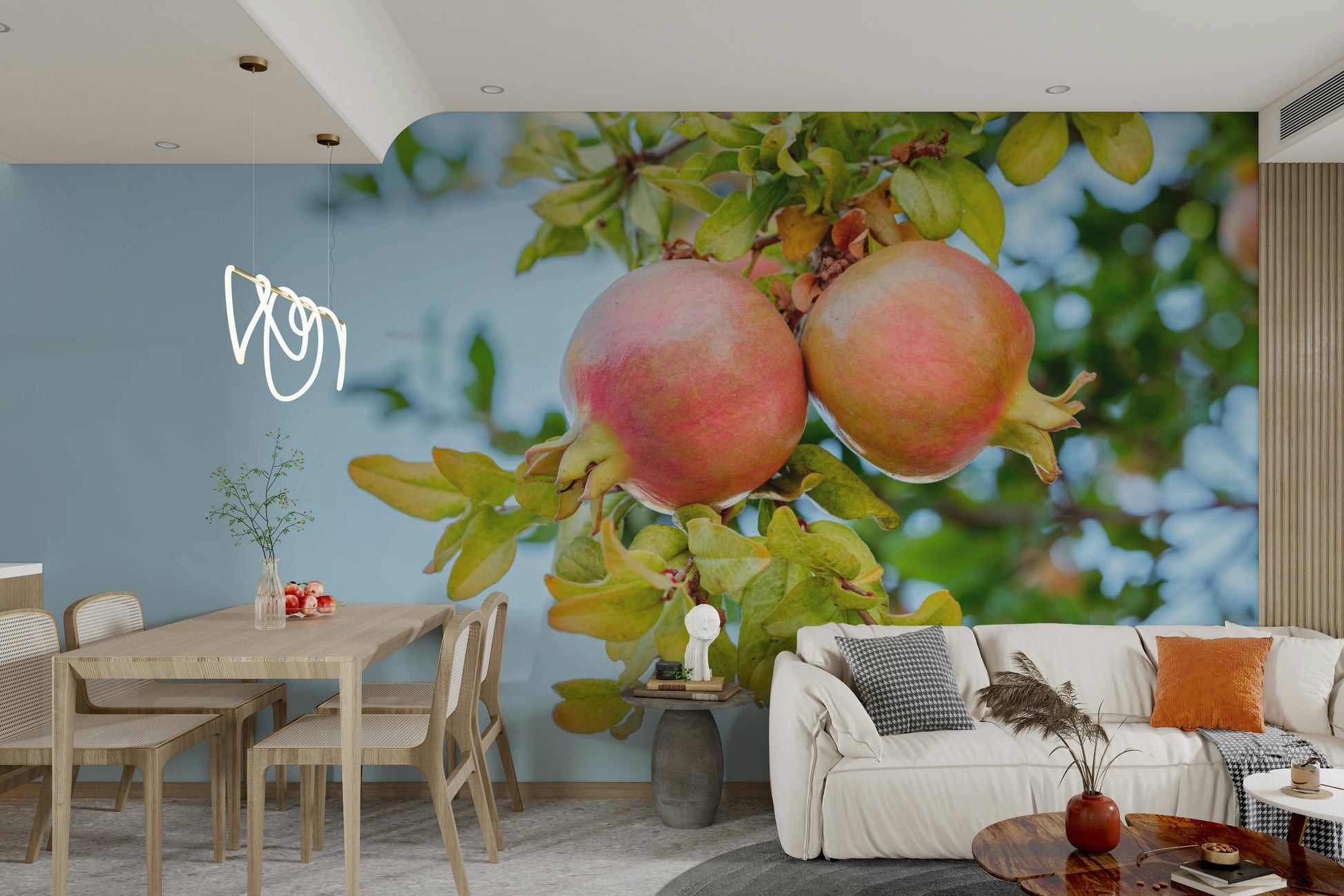 A calming fruit tree design wallpaper mural that defines a space.

