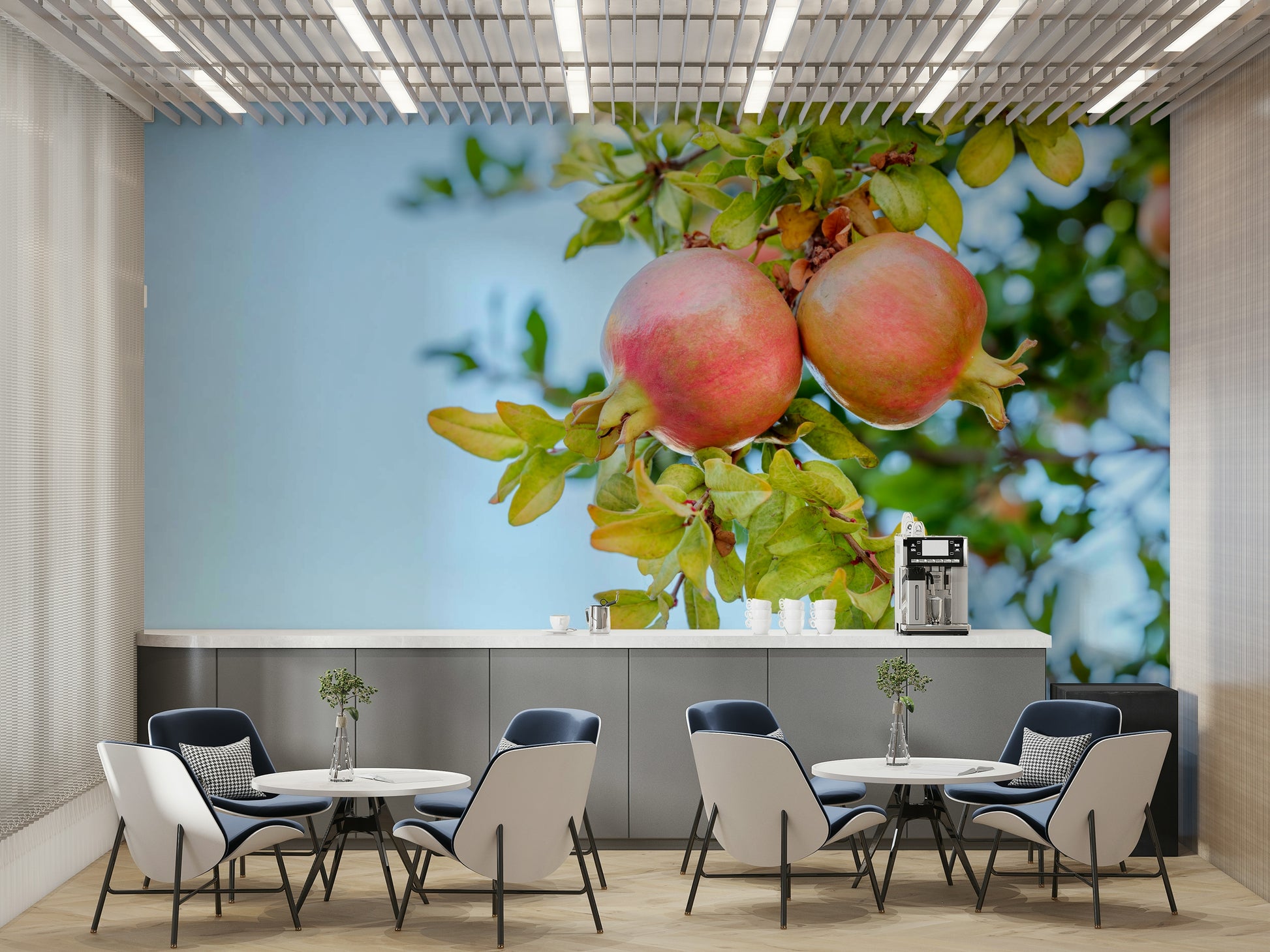 An artistic pomegranate tree mural on minimalist wallpaper.

