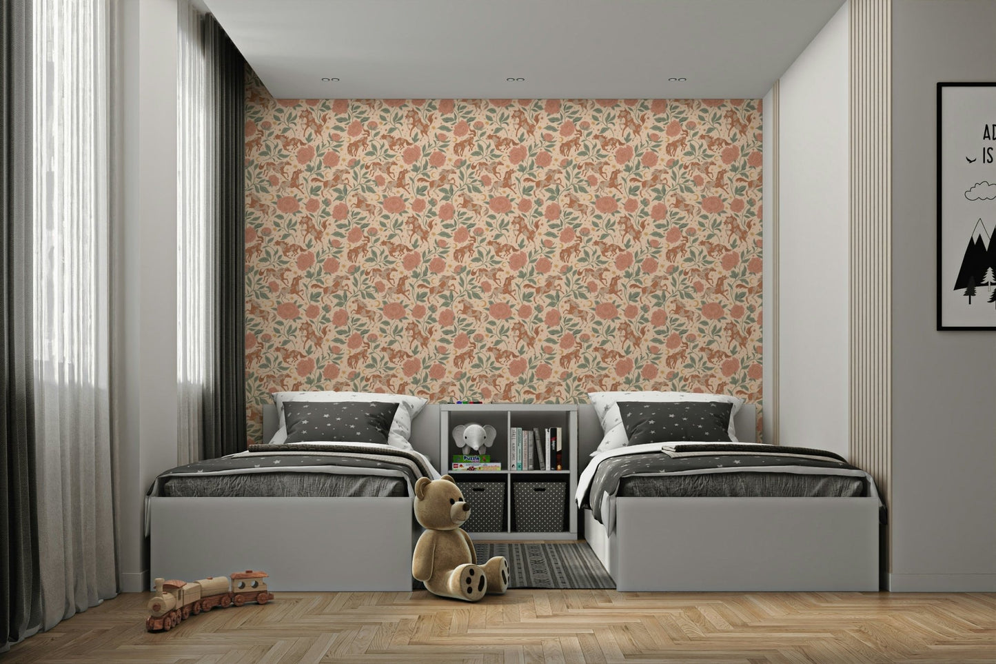 Wallpaper mural with western ponies and flowers

