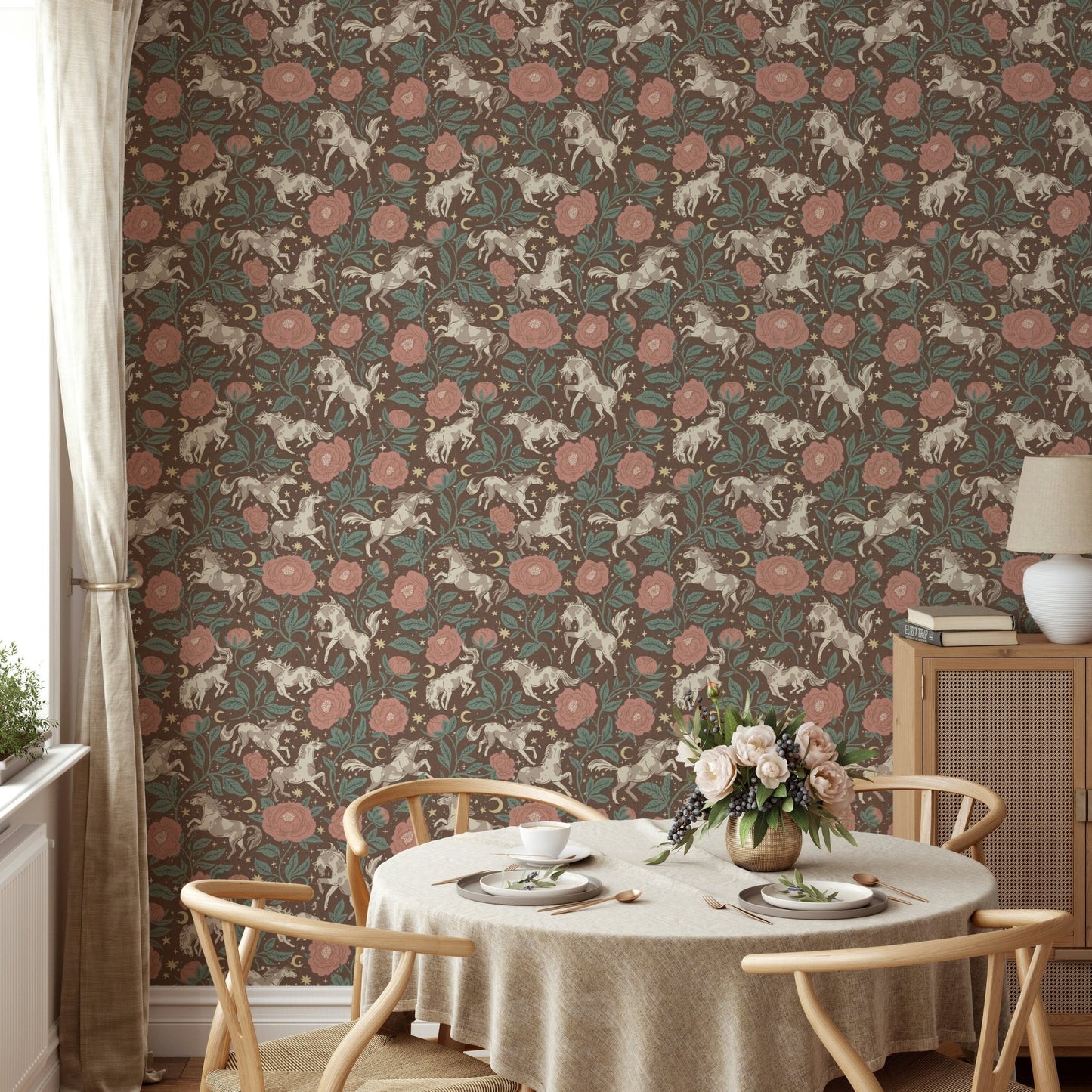 Ponies and Peonies Wild West Americana wallpaper detail

