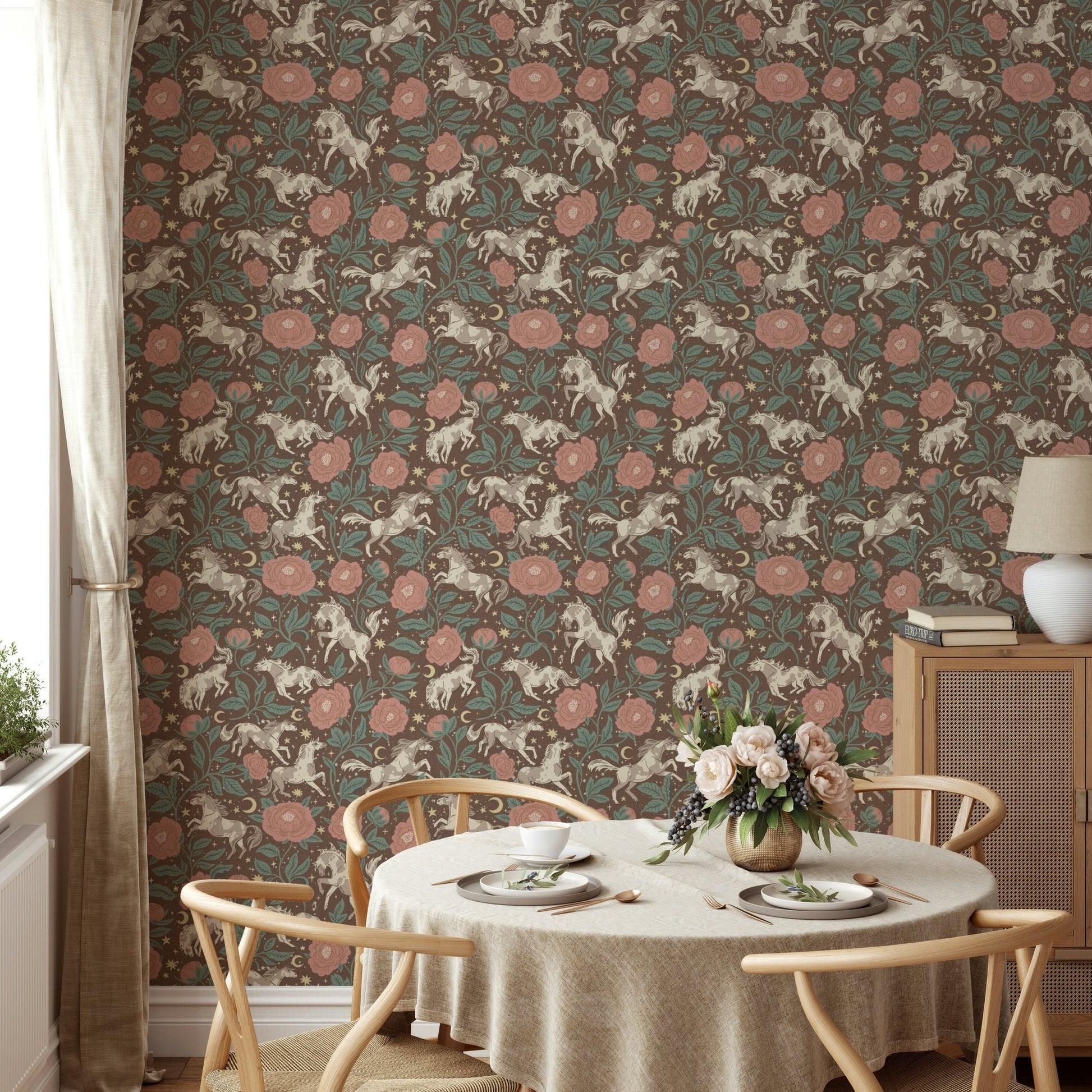Ponies and Peonies Wild West Americana wallpaper detail

