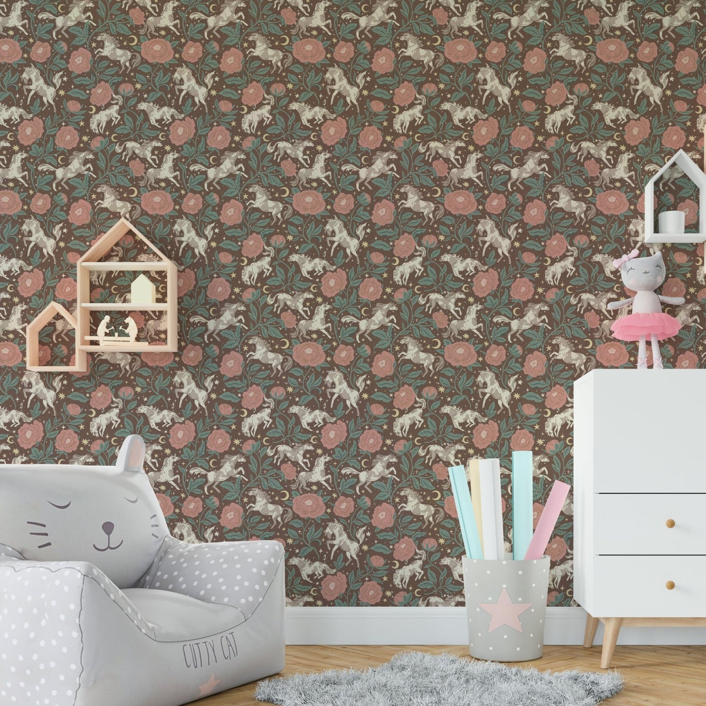 Wallpaper mural with western ponies and flowers

