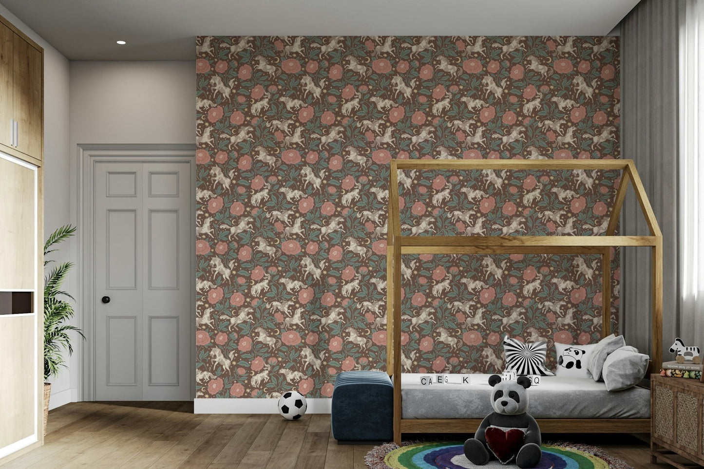 Kids’ room wallpaper with ponies and peonies

