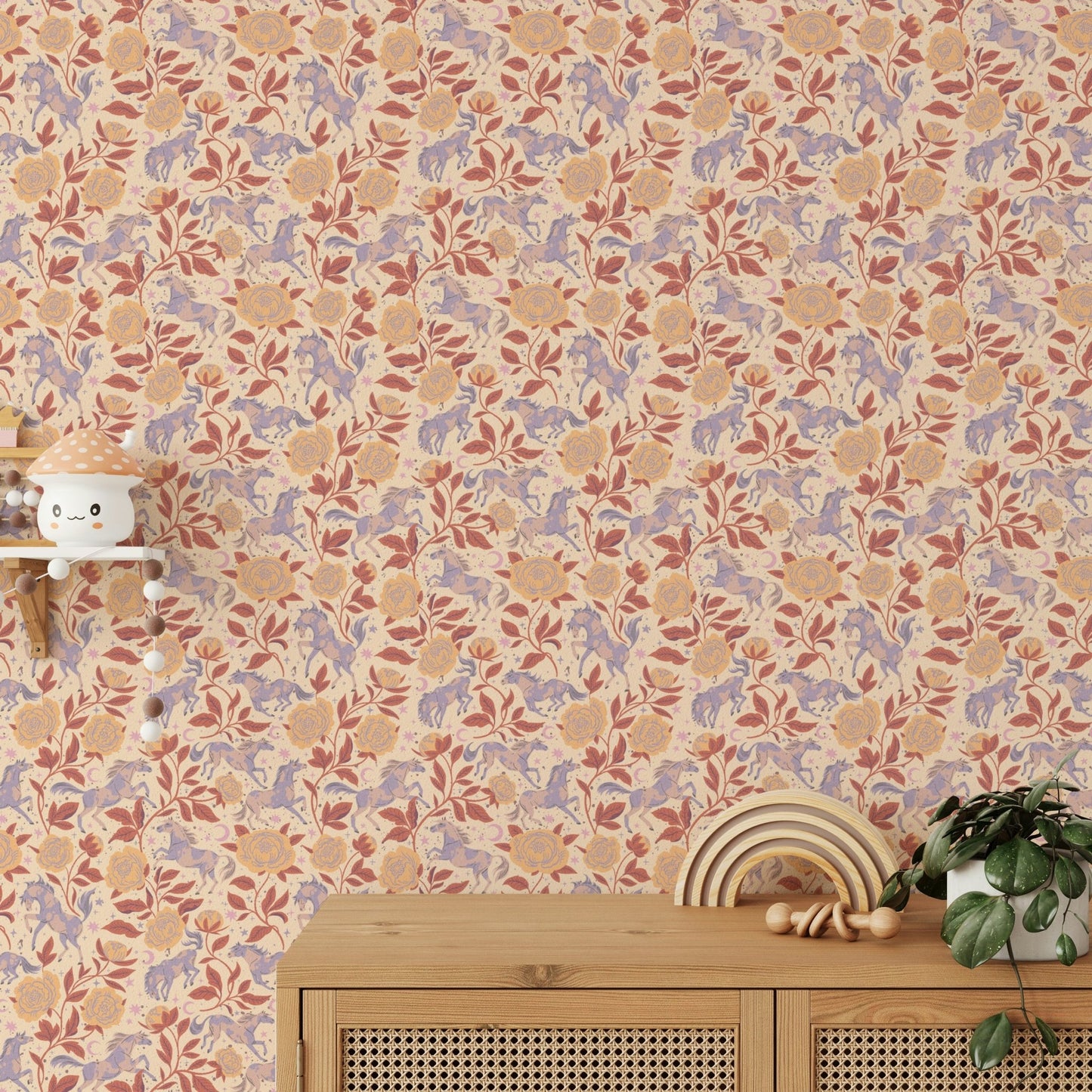 Warm pony and flower wallpaper close-up

