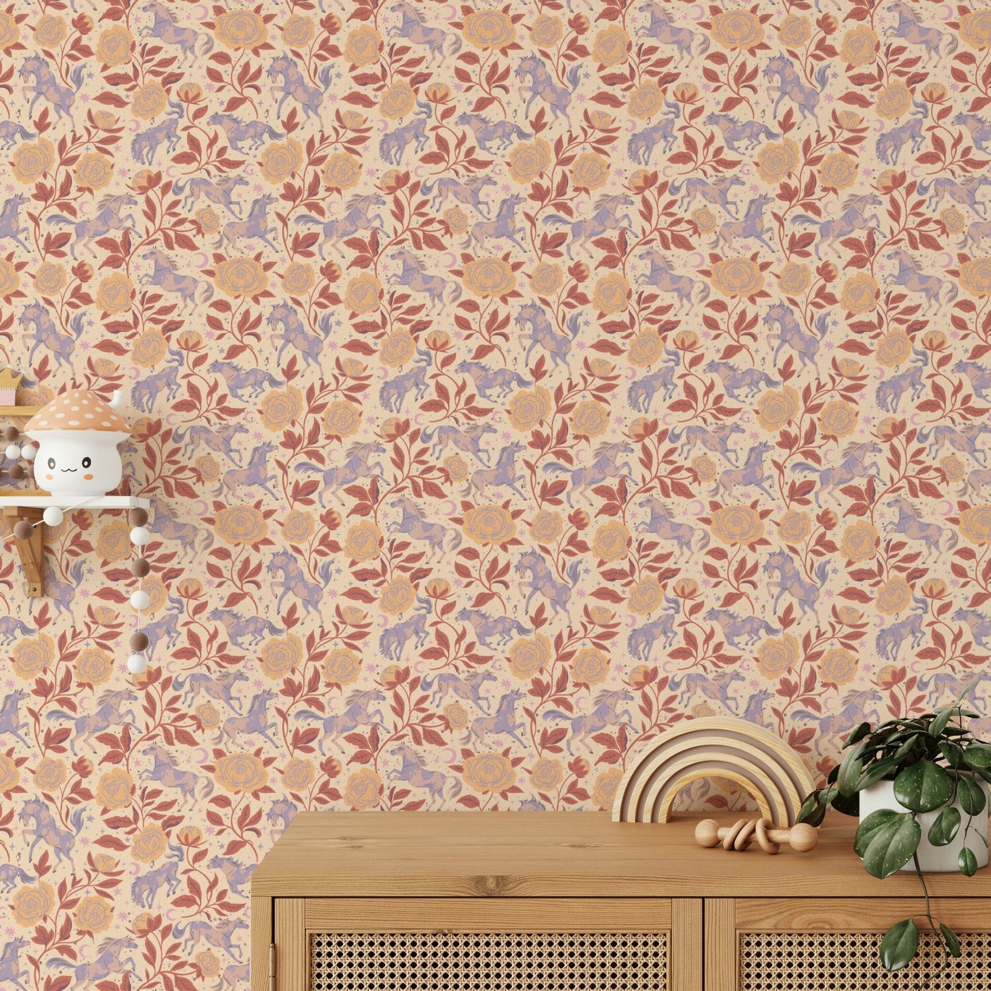 Warm pony and flower wallpaper close-up

